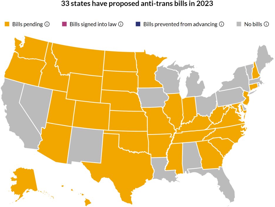 TrinityWAGS's tweet photo. Since the start of 2023, the Republican party has proposed 183 anti-trans bills across 33 different states; 19 of these bills have been proposed in Texas alone. These bills primarily target trans youth via preventing healthcare and participation in sports. 1/2 https://t.co/mEpHywduPZ