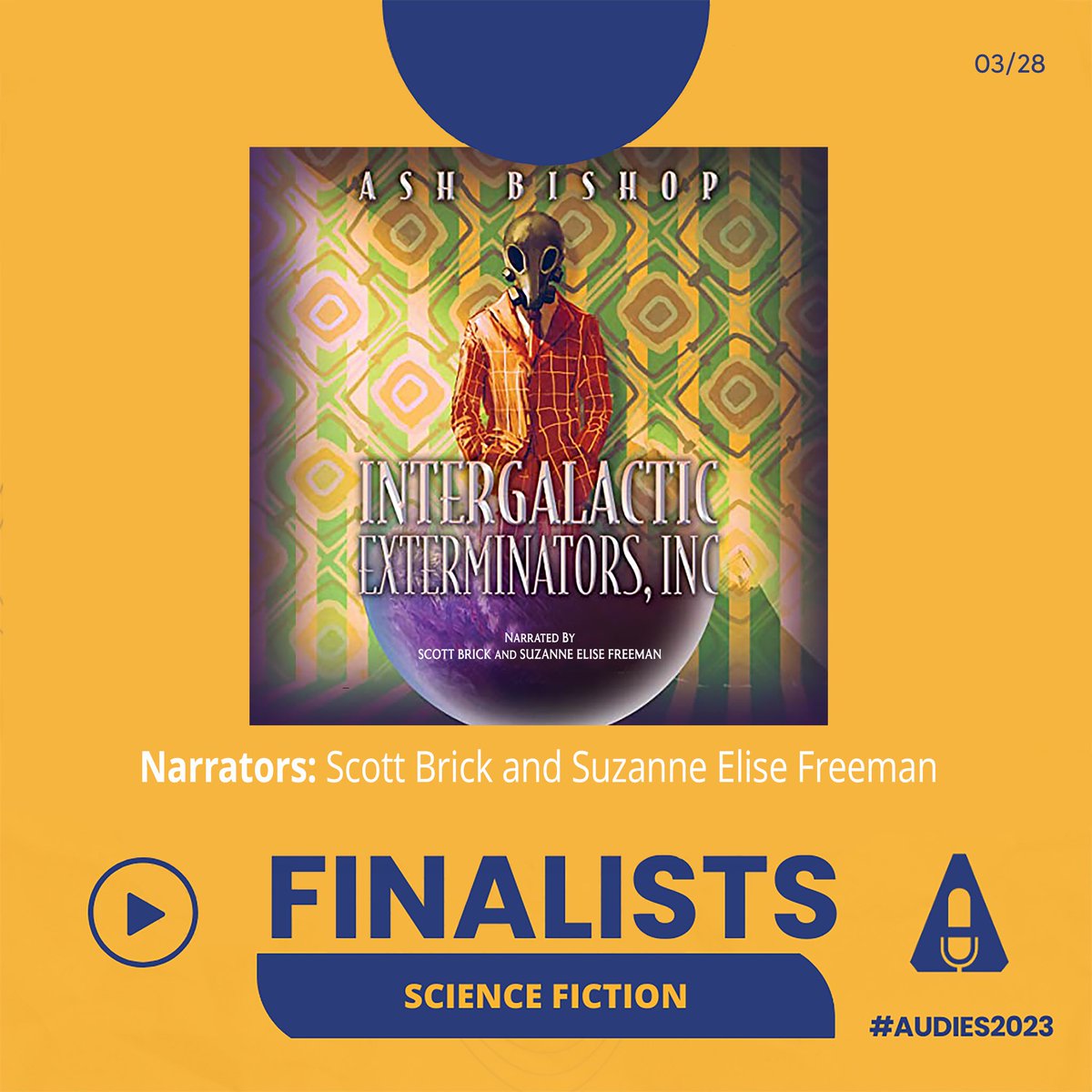 And here it is… my #audies #finalist title in #sciencefiction Intergalactic Exterminators, Inc., with @ScottBrick (also my fiancé… cool, right?!).  Thanks to @mosaicaudio, @CamCatBooks & @AshLBishop for letting me help narrate this super fun book! #Audies2023 #audiobooks #scifi