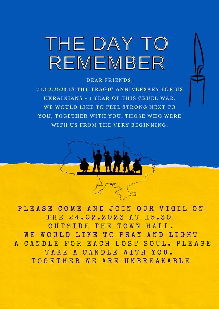 Friday 24 February is the anniversary of the invasion of Ukraine. Come and support a vigil to be held on the Town Hall Square at 3.30pm to recognise the sacrifices being made by those on the front line and show support for the many refugees in the city.