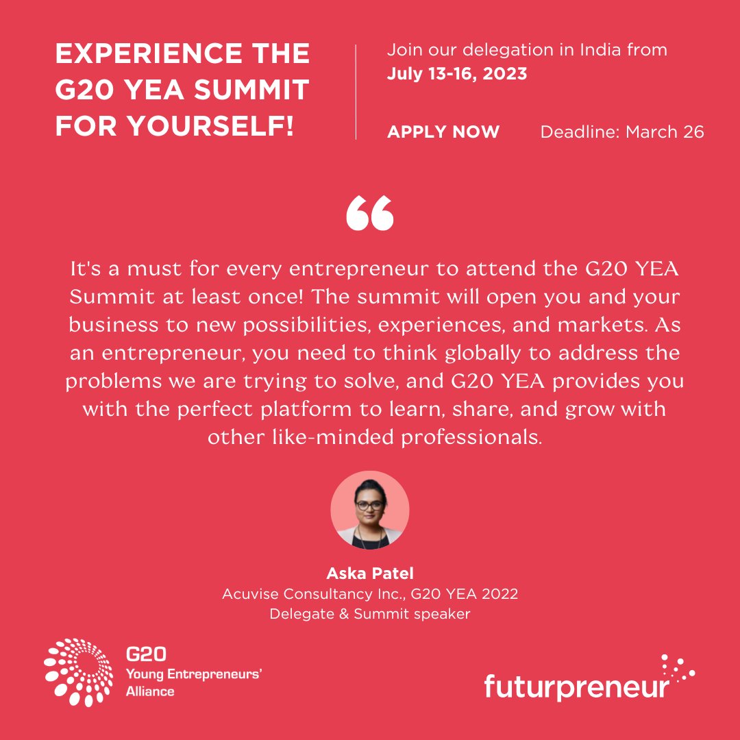 Futurpreneur ATL (@futurpreneuratl) on Twitter photo Become a part of a national network of youth entrepreneurship champions! Apply by March 26th to represent Canada with <a href="/Futurpreneur/">Futurpreneur</a> at the #G20YEA2023 Summit. bit.ly/3ZfmFud Become a part of a national network of youth entrepreneurship champions! Apply by March 26th to represent Canada with <a href="/Futurpreneur/">Futurpreneur</a> at the #G20YEA2023 Summit. bit.ly/3ZfmFud