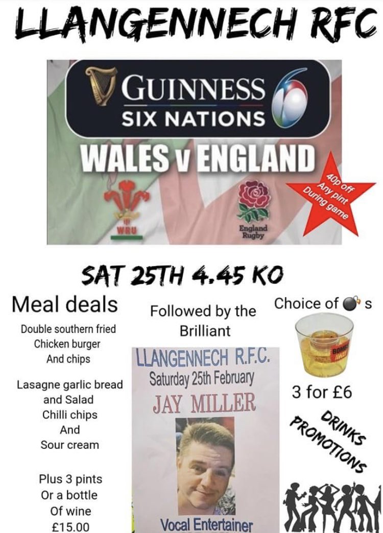 RFCLlangennech's tweet photo. 🏉THIS SATURDAY🏉
Come & join us this Saturday to watch all of the @SixNationsRugby LIVE on our BIG SCREENS! #WALvENG
Followed by the fantastic Jay Miller! 🎙💃🏻🕺
#FoodPromtions #DrinksPromotions https://t.co/3STZGSJBe8