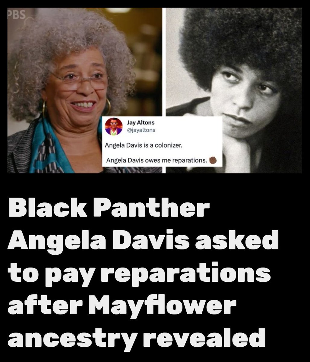 WylieGuide's tweet photo. Angela Davis, a far-left activist, communist, and former Black Panther, discovered on a recent episode of PBS' Finding Your Roots with Henry Louis Gates, Jr. that she is one of the select Americans who are descended from the Mayflower Pilgrims and that her ancestors were slave owners, revelations causing some to demand she pay reparations.
LOL
https://t.co/KcXPpq43lJ
