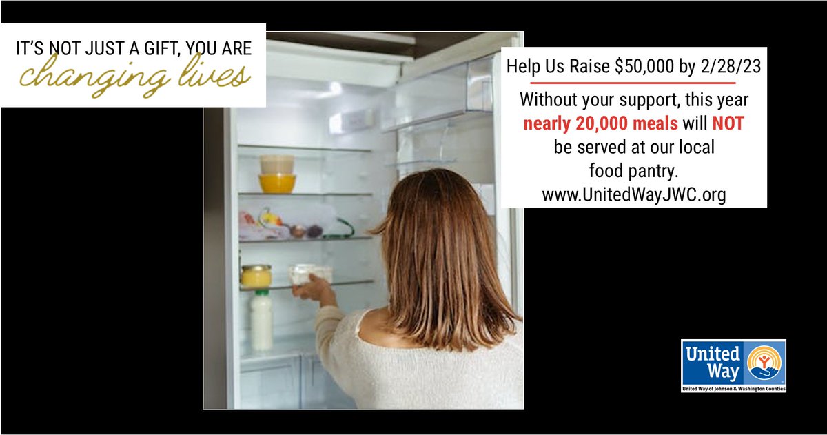 uwayjwc's tweet image. IT&apos;S NOT JUST A GIFT, YOU ARE CHANGING LIVES!
We need your help to raise $50,000 by 2/28/2023.
Without your support, this year nearly 20,000 will NOT be served at our local pantry
Every Gift Matters:
unitedwayjwc.org/civicrm/contri…
#Impact #housing #domesticabuse #give