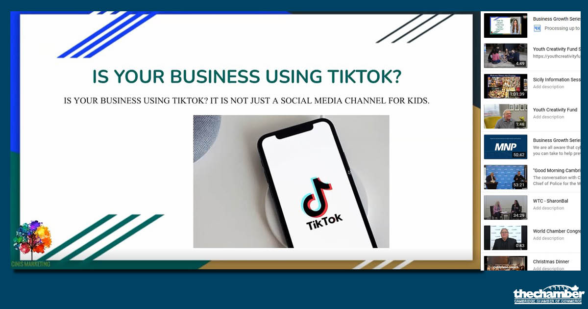 My_Chamber's tweet image. Thanks to Cinis Marketing’s Ashley Gould for her great advice today at our Business Growth Series session on how @tiktok_us can benefit your brand’s creative side. Watch it on YouTube (bit.ly/3Z3iemM) if you missed it. #businesslearning #tiktok #socialmedia #cbridge