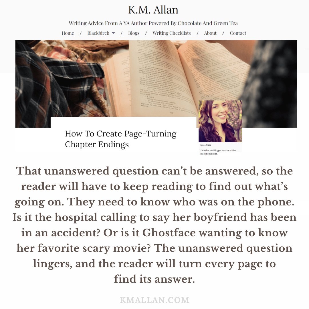 KMAllan_writer's tweet photo. Did you catch my latest blog post about how to create page-turning chapter endings? If not, check it out here: https://t.co/iPDb7LGVG1
…
#blog #wordpress #writingcommunity #writingtips #writinghelp #writerscommunity #editing #amwriting #chapterendings #justonemorechapter https://t.co/HkUWluicho