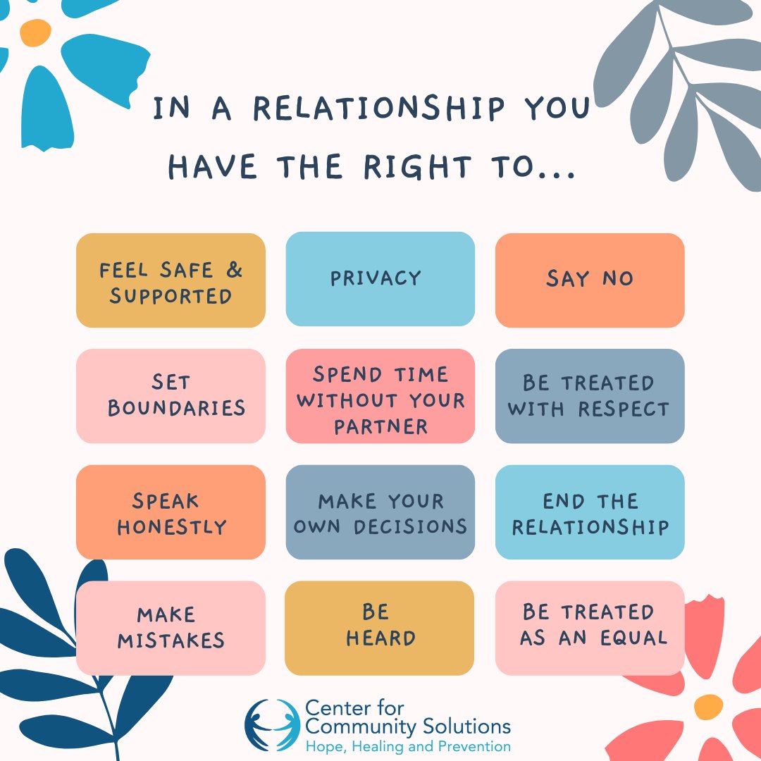 CCS_SD's tweet image. You have these rights in ALL relationships, not just romantic ones. What would you add?
#SupportSurvivors #PreventAssault #HopeHealingPrevention #TDVAM #TeenDatingViolenceAwareness