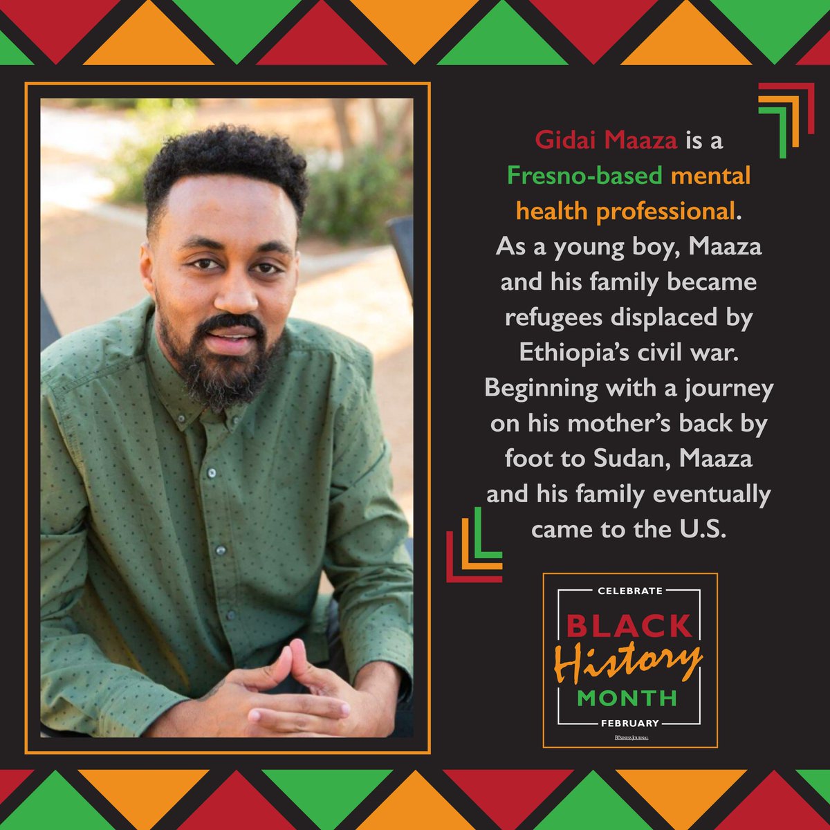 TBJFresno's tweet photo. Read about how Gidai Maaza's own childhood inspired him to become a therapist helping Fresno young people and families face their own trauma, link in our bio. 🔗
#blackhistorymonth #bhm #celebratingblackvoices #thecentralvalley #thebusinessjournal #fridaypaper #tbj https://t.co/hdJOBhRhZt