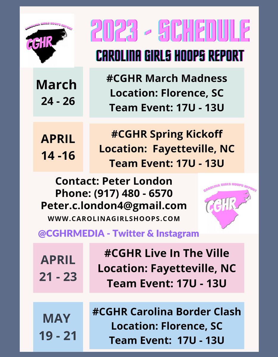 CghrMedia's tweet image. 🏀 #CGHRMedia 

🚨 SCHEDULE 🚨

Carolina Girls Hoops Report 
2023 AAU/CLUB TEAM

Get Locked In....🔐

1st Event of Spring....

🔥🔥🔥🔥

1 of the #BestEvents in #TheCarolinas in 2022

- March 24 - 26 - Florence, SC
#CGHRMarchMadness

Registration Link: leaguelineup.com/formpreview.as…