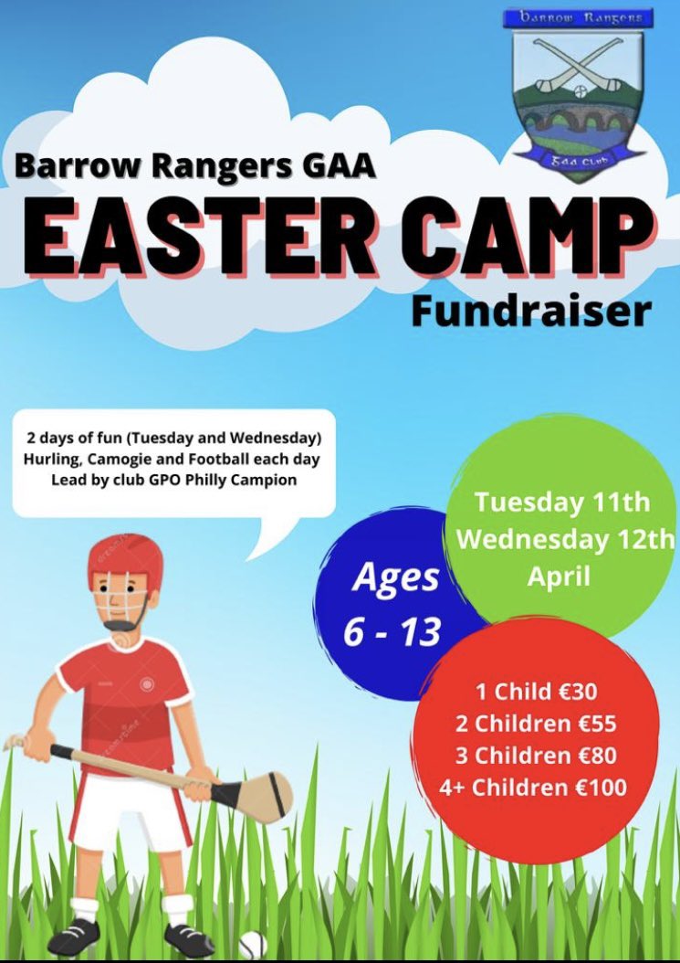 Following on from the success of our summer camp we’re looking forward to hosting a 2 day Easter Camp (Tuesday 11th and Wednesday 12th of April)

Starting at 10am each day until 2pm.

Prices are listed below. 

Children can be registered at the registration night next Monday.