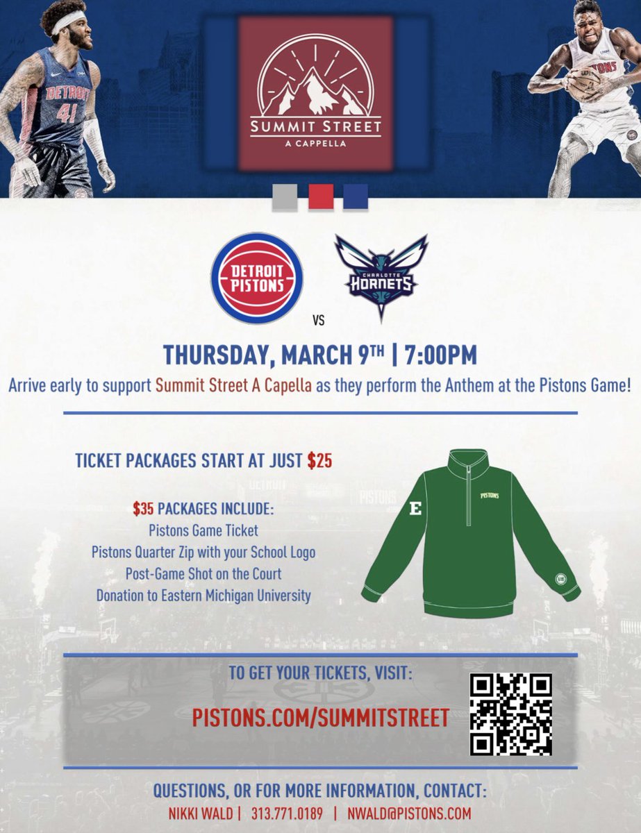 SummitStreetEMU's tweet image. We’re singing the National Anthem at the Pistons game! Please support us at the game and through this fundraiser!!