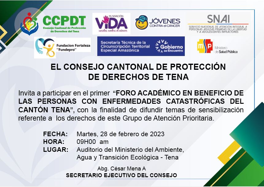 cderechostena's tweet photo. El Consejo Cantonal de Protección de Derechos de Tena, invita a la ciudadanía del cantón Tena, a participar en el PRIMER FORO ACADÉMICO EN BENEFICIO DE LAS PERSONAS CON ENFERMEDADES CATASTRÓFICAS #PorUnTenaConDerechos
#ForoAcadémico https://t.co/e3w0tcvIXF