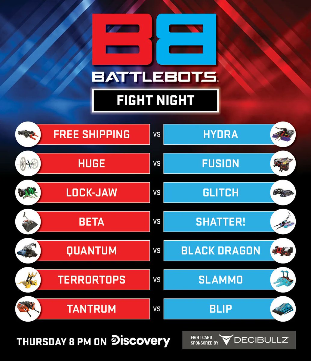 PRISMIER's tweet photo. Shatter! takes on Beta in an eagerly awaited battle of the hammer bots. Beta Team leader John Reid who has been competing for 20+ years has been a huge inspiration to Bots FC.
Tune in tonight at 8pm Eastern / 7pm Central to catch the action.
#battlebots #shatter #botsfc https://t.co/EOJ5hgykKN