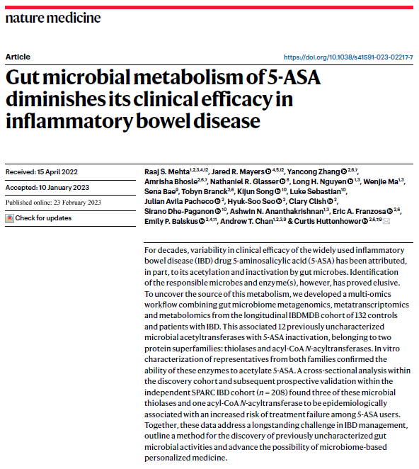 Raaj Mehta, MD, MPH (@drraajmehta) on Twitter photo Today we report in <a href="/NatureMedicine/">Nature Medicine</a> how gut microbial metabolism of 5-ASA may predict response to the drug, which is among the most common medicines used to treat #IBD: rdcu.be/c6fSE (1/9) Today we report in <a href="/NatureMedicine/">Nature Medicine</a> how gut microbial metabolism of 5-ASA may predict response to the drug, which is among the most common medicines used to treat #IBD: rdcu.be/c6fSE (1/9)