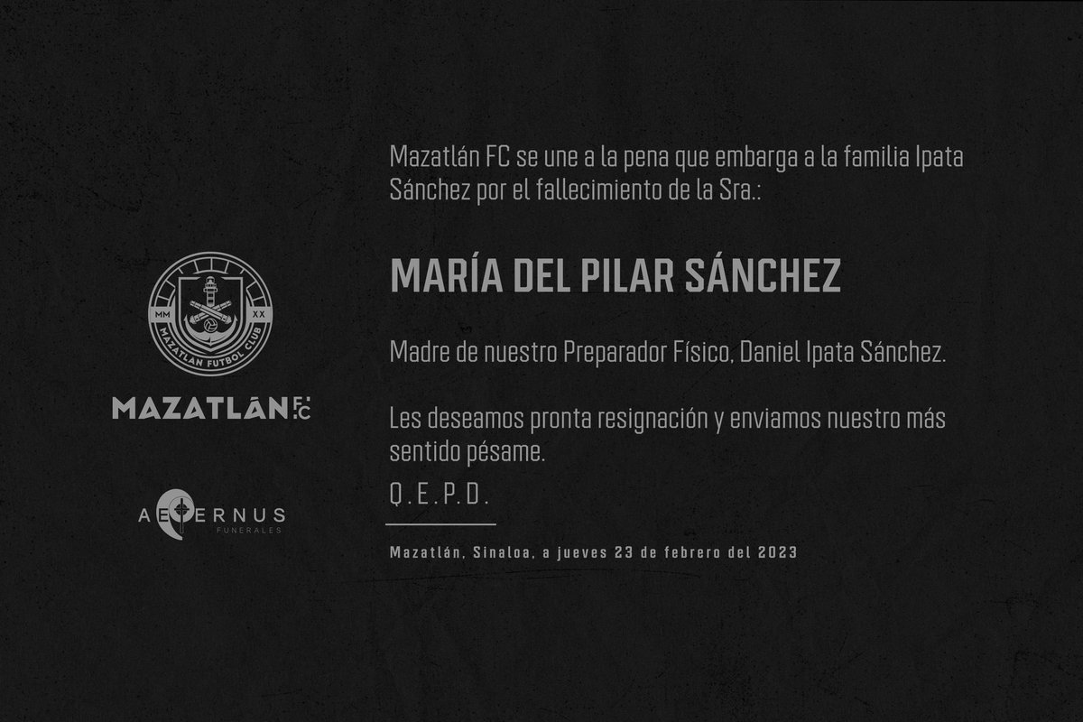 MazatlanFC's tweet photo. Abrazo fuerte, profe @dipata, estamos contigo. 

DEP 🕊️ https://t.co/x89xOHWAPm