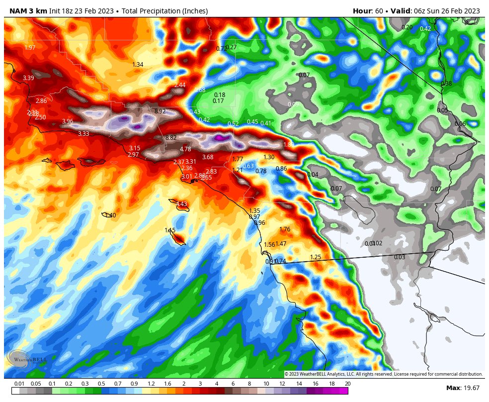 Tomorrow is one stormy day in southern California. From FEET of snow above 4000 feet, to INCHES of rain fall in down town LA. This is good for keeping drought levels down but residents should watch out flood risks. #Cawx #Snow #LAWeather #LosAngeles #SoCal