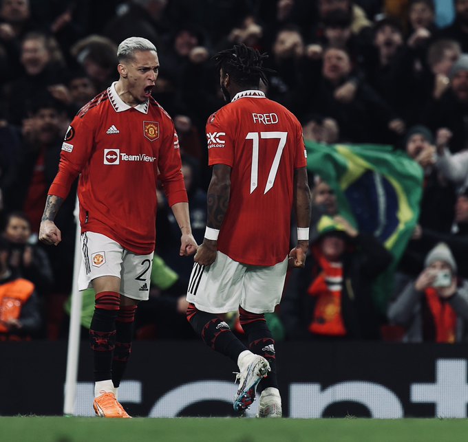 Antony and Fred celebrate United’s equaliser.