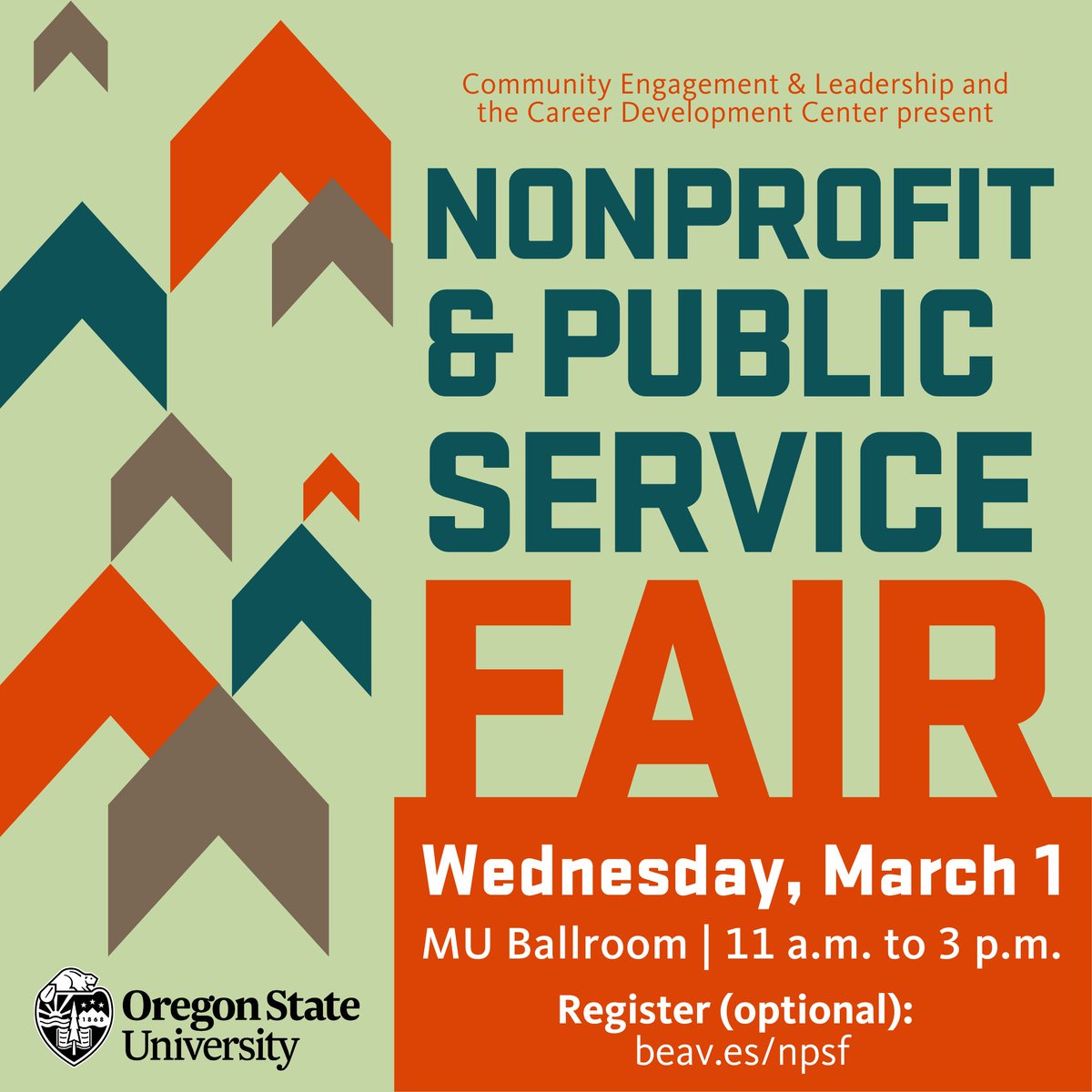 CareerOSU's tweet image. The Non-Profit &amp;amp; Public Service Fair is just two days away! Connect with over 50 nonprofit and local government organizations who are looking to network with students like you.

Check out OSU&apos;s Community Engagement &amp;amp; Leadership and this link for more info beav.es/npsf.