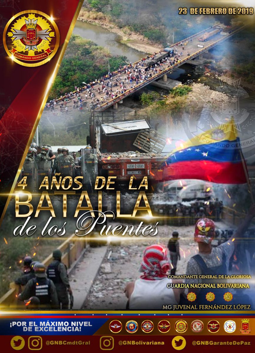 Prohibido olvidar la Batalla de los Puentes, fecha histórica que representa la Resistencia y Gallardía del Pueblo de Bolívar y Chávez, ante las cobardes pretensiones imperialistas y sus lacayos, de intentar violar nuestra  Soberanía y Paz.
¡NOSOTROS VENCEREMOS!