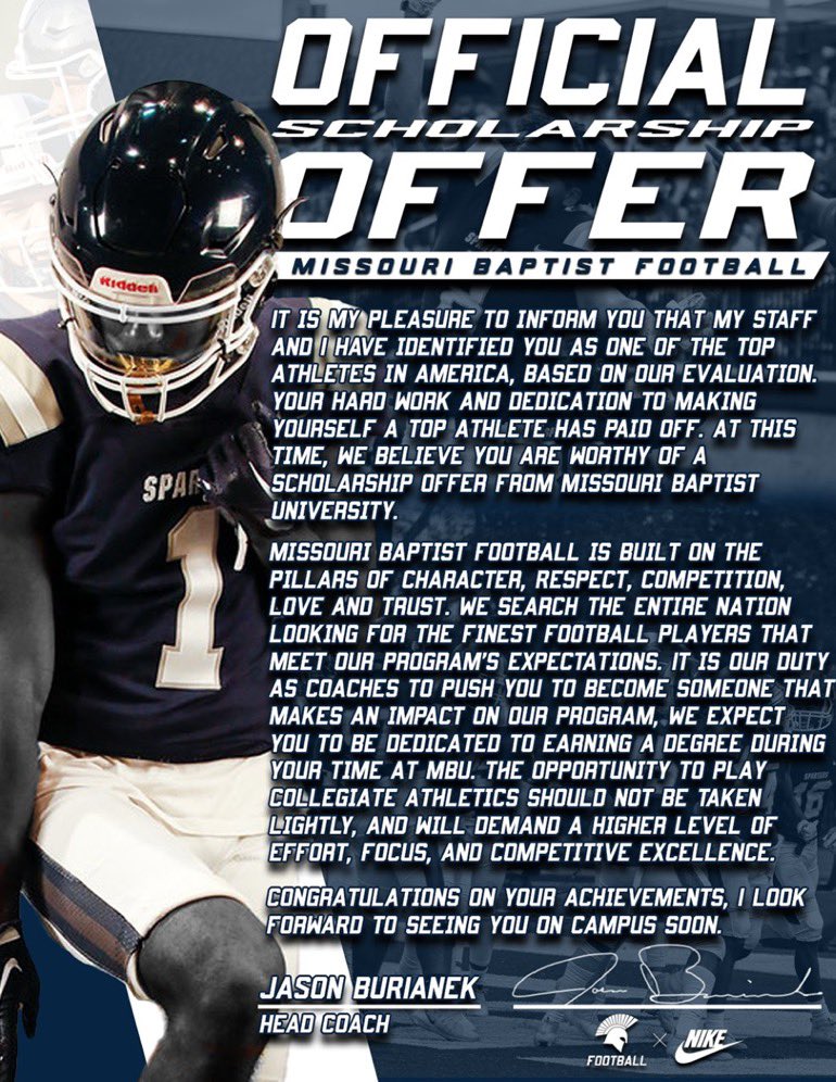 Blessed to receive an offer from Missouri Baptist University! <a href="/CoachSchnabel/">Shawn Schnabel</a> <a href="/CoachZackKern1/">Zack Kern</a>