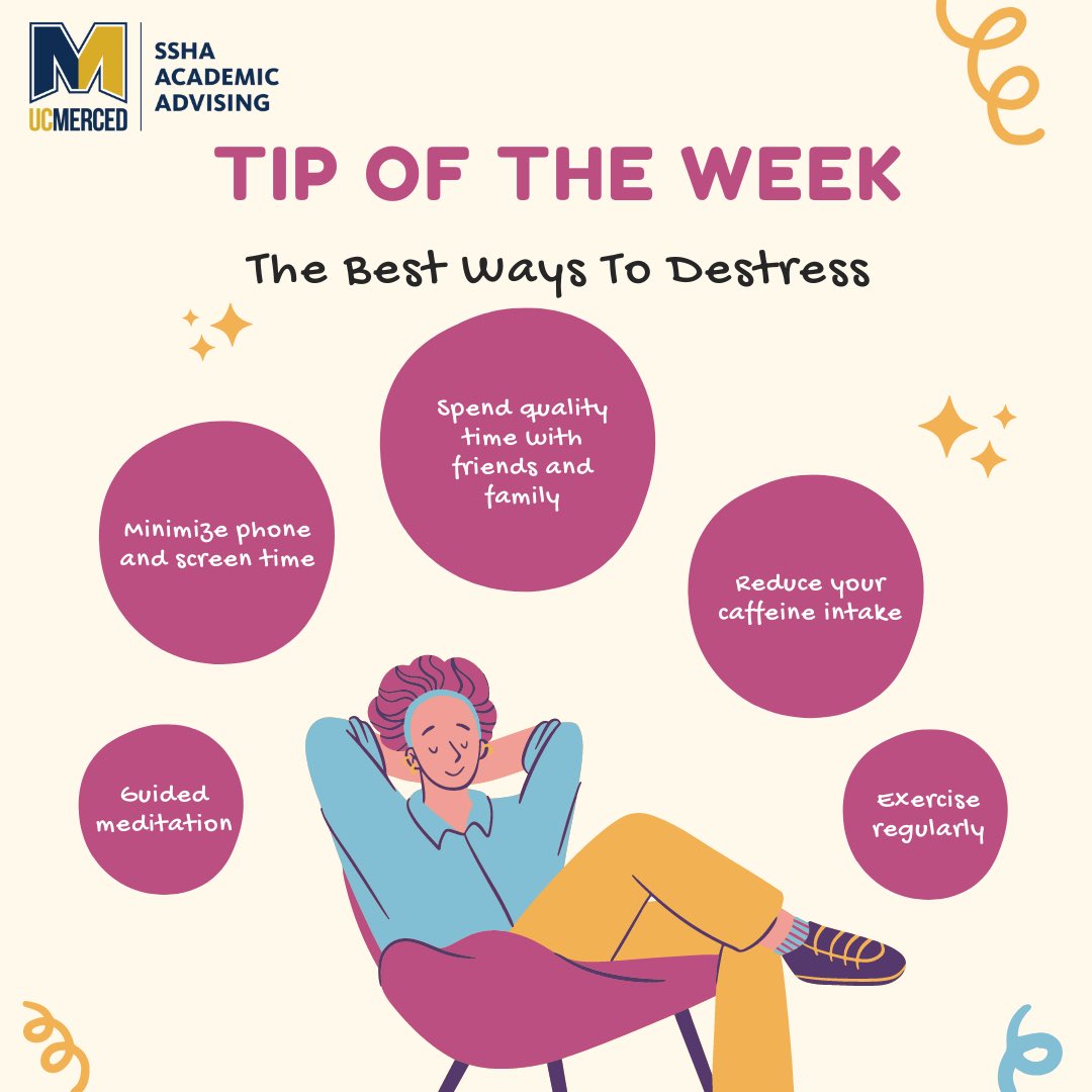SSHAAdvising's tweet photo. Happy Thursday Bobcats! 🐯 We know the life of a UCM student can be stressful with balancing classes, exams, and extracurriculars. 📚 🖊️ 

So it’s important to take some time for yourself and use these helpful tips to destress! #ucmerced #sshaadvising #destress https://t.co/lUXug7fdaj