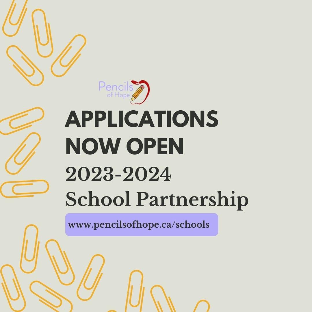Friends! We’ve opened up our school partnership application for the 2023-2024 school year. Please share this widely with folks who might be interested in applying! #sasked #saskedchat #Saskatchewan 

More info: pencilsofhope.ca