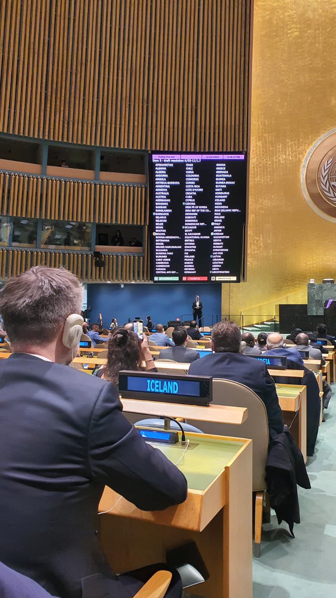 Jorundur Valtysson 🇮🇸 (@jvaltysson) on Twitter photo The World Assembly has spoken. A decisive vote in overwhelming support of the <a href="/UN/">United Nations</a> Charter and just and lasting peace in #Ukraine 🇺🇦 The World Assembly has spoken. A decisive vote in overwhelming support of the <a href="/UN/">United Nations</a> Charter and just and lasting peace in #Ukraine 🇺🇦