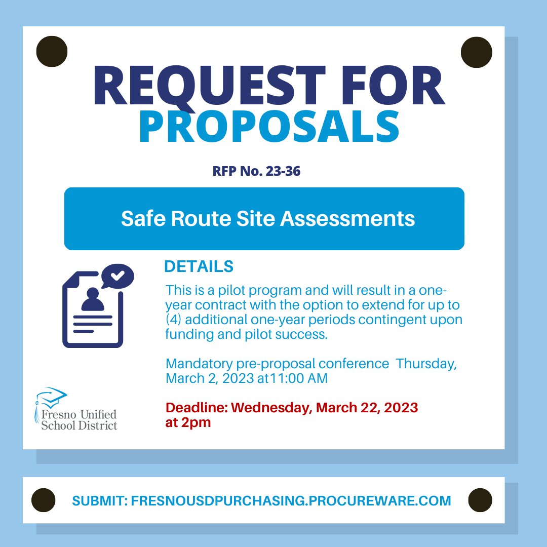 Fresno Unified has a Request for Proposal (RFP) for Safe Route Site Assessments. The purpose of the RFP is to select a firm that will assess and identify infrastructure issues and make recommendations for creating safe routes to school. More at: buff.ly/3GI4un9