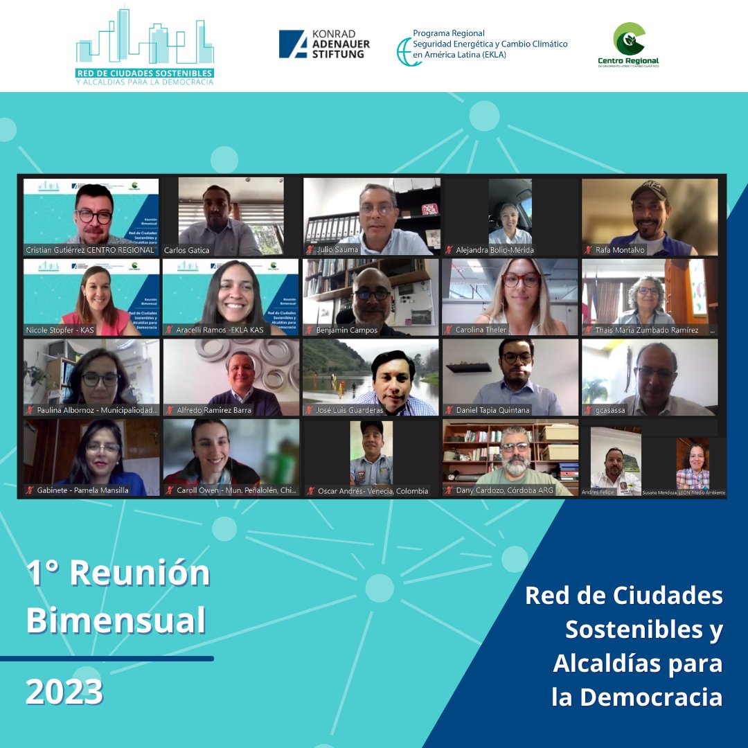 [🌎 Reunión bimensual - <a href="/CiudadesAmerica/">Red de ciudades sostenibles</a>]

🙌 ¡Agradecemos los alcaldes(as), jefes(as) de gabinete y directores(as) de medio ambiente de los municipios de 🇲🇽🇨🇷🇨🇴🇵🇪🇨🇱🇦🇷 por acompañarnos en nuestra primera reunión bimensual del 2023!

#CiudadesSostenibles #AméricaLatina