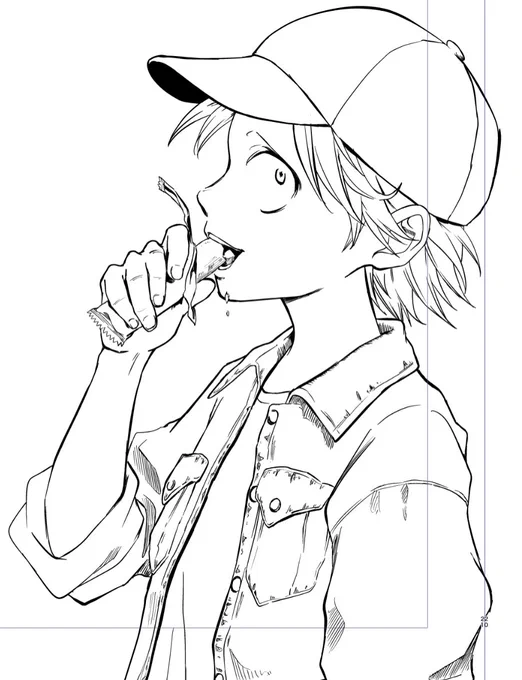ペン入れ。
ムシャリ😋

#男の子イラスト #一次創作 #drawing #manga 