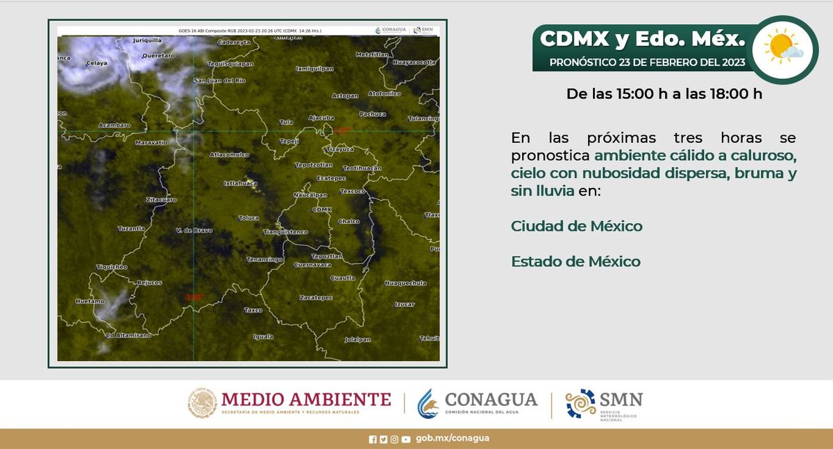 conagua_clima's tweet photo. ☀️🥵 Se prevé una tarde cálida a calurosa, sin probabilidad de #Lluvia, en el #ValleDeMéxico ⬇️ https://t.co/Xh7NAEskz5