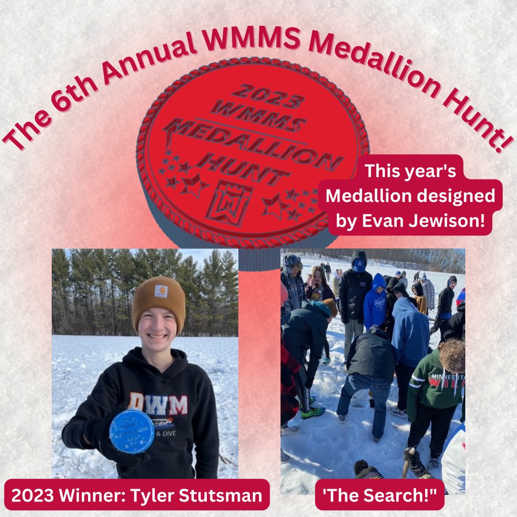 While the 6th graders were away having fun at Wolf Ridge, the 7th & 8th graders were hard at work to find their Medallion!

Congratulations to Evan Jewison for creating the 2023 Medallion & to Tyler Stutsman who found it on SATURDAY!
 
#OwnTheCrownWM#RoyalTraditions