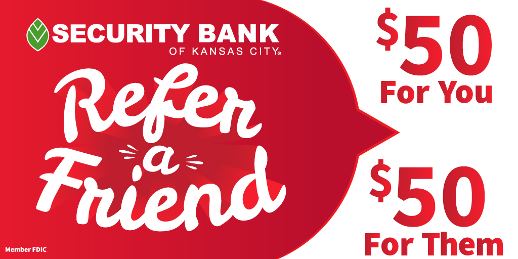 securitybankkc's tweet photo. Tell your friends and family why you love your #SecurityBankKC personal checking account and get rewarded! Your referrals can earn you up to $500! Find out more ➡️https://t.co/9tv8Q3PtMz #ItPaysToHaveFriends #MemberFDIC #BoldlyLocal https://t.co/rGvvXKBWUd