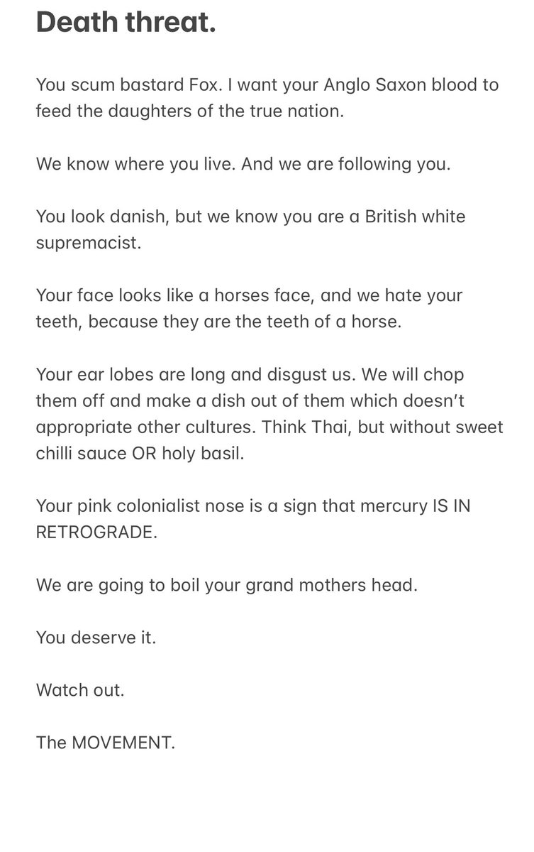 LozzaFox's tweet photo. I just received this death threat which I definitely did not write myself.

I want you to know that I am in close contact with the police and I will continue speaking truth to power. https://t.co/9IwMGBMfir