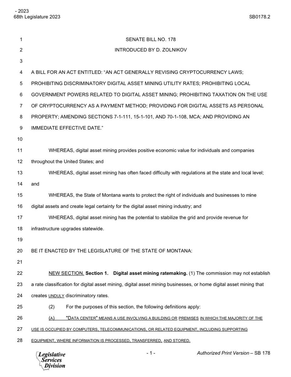 JUST IN: 🇺🇸 Montana Senate passes bill to protect #Bitcoin and #crypto mining rights.