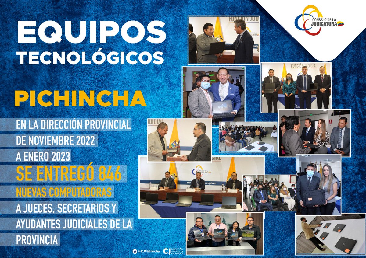 #DATO I Gracias al <a href="/CJudicaturaEc/">Consejo de la Judicatura</a>, la Dir. de <a href="/CjPichincha/">CJPichincha</a> de noviembre de 2022 a enero de 2023, entregó 846 nuevas computadoras a jueces, secretarios y ayudantes judiciales de #Pichincha, esto ratifica el compromiso de continuar brindando un servicio eficiente a la ciudadanía.