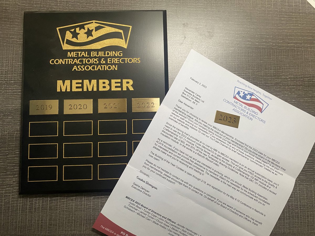 Alexfarmer90's tweet image. Coincidentally today I have four staff taking training from the metal building institute as my 5 year anniversary membership piece arrived for my @MBCEA_News plaque. As much as all the great customers have made my metal career enjoyable so has my membership in #mbcea