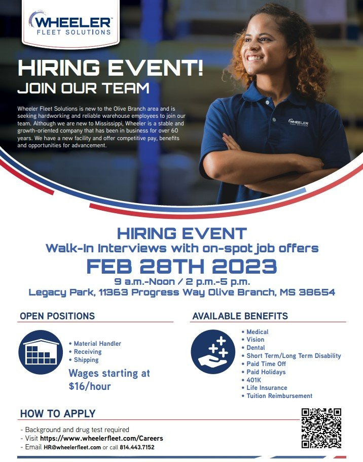 WheelerFleet's tweet photo. We are #hiring at our new #OliveBranch location in @DeSotoCountyMS. Stop by on 02/28 or visit https://t.co/AYD0NqQE9P https://t.co/3L4ZY7AkAo