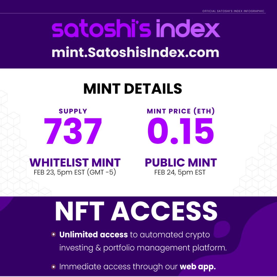 SatoshisIndex's tweet image. Pre-mint is live in 20 minutes! Visit mint.satoshisindex.com 🚀🚀

Our founders and core team are active in Discord all day so stop by and say hi! Link in bio