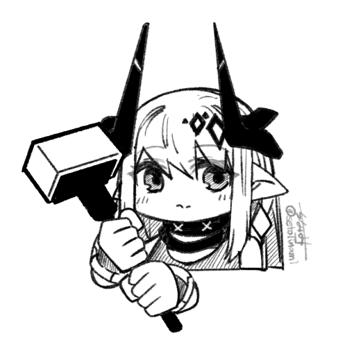 mudrock (arknights) 1girl greyscale monochrome hammer horns pointy ears solo  illustration images