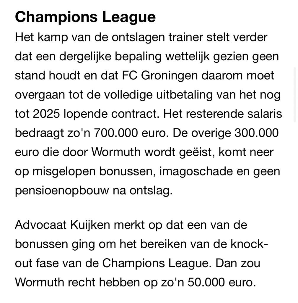 Thijs_Faber's tweet photo. Frank Wormuth eist alle misgelopen prestatiegebonden bonussen door zijn ontslag bij FC Groningen terug, waaronder een slordige 50.000 euro voor het behalen van knock-out fase Champions League. https://t.co/jmdDvWZ8al