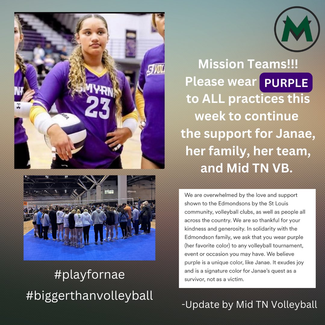 ‼️ATTENTION MISSION TEAMS‼️ Please wear Janae’s favorite color- PURPLE- to practices this week to continue the support for her, her family, her team, and her club: Mid TN Volleyball💜💜💜 #playfornae #biggerthanvolleyball