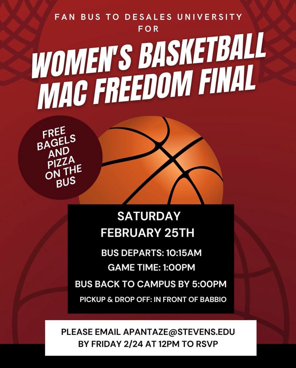 StevensDucks's tweet photo. 𝐅𝐀𝐍 𝐁𝐔𝐒

Wanna help cheer on @StevensWBBALL in Saturday's MAC Freedom final?

There's a fan 🚌 leaving from Babbio at 10:15! 

Free 🥯 on the way to the game....free 🍕 on the way back!

Pre-registration is required!

Let's #AllRise in support of the Ducks! https://t.co/UxccFVCd2f