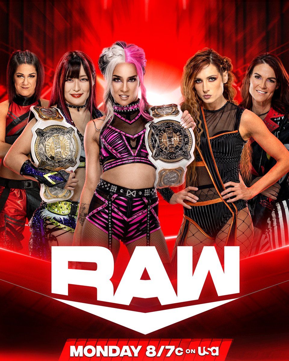 WWE's tweet photo. Who ya got THIS MONDAY on #WWERaw when @BeckyLynchWWE &amp; @AmyDumas challenge @itsBayleyWWE's best friends @ImKingKota &amp; @Iyo_SkyWWE for the @WWE #WomensTagTitles? https://t.co/4mRdboR5ou