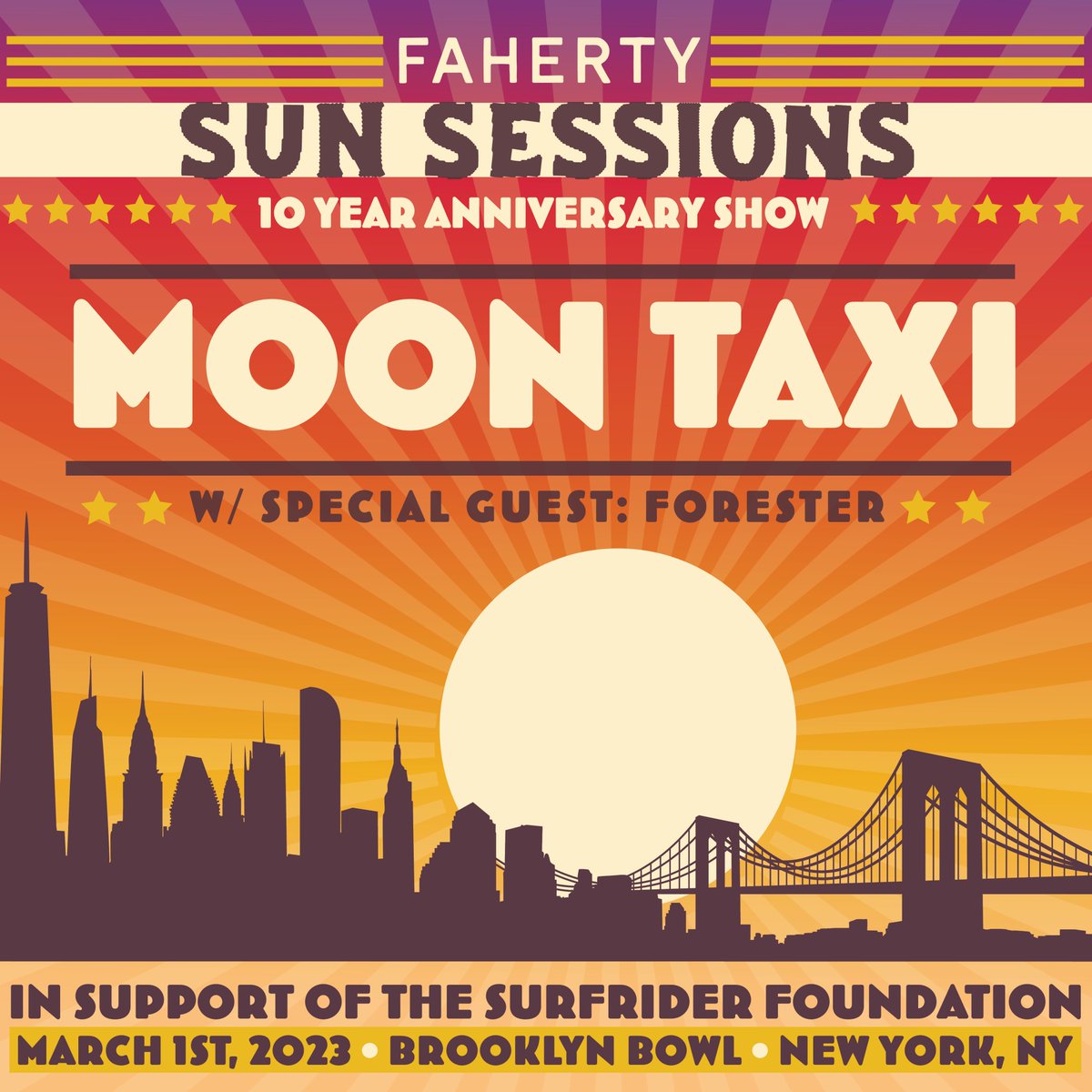 Last call to get your tickets for Faherty’s 10-Year Anniversary event at the @brooklynbowl on 3/1! Featuring a special Sun Sessions show with @MoonTaxi & @forestermusic. A portion of proceeds will be donated to Surfrider. Secure your tickets today: ticketweb.com/event/moon-tax…