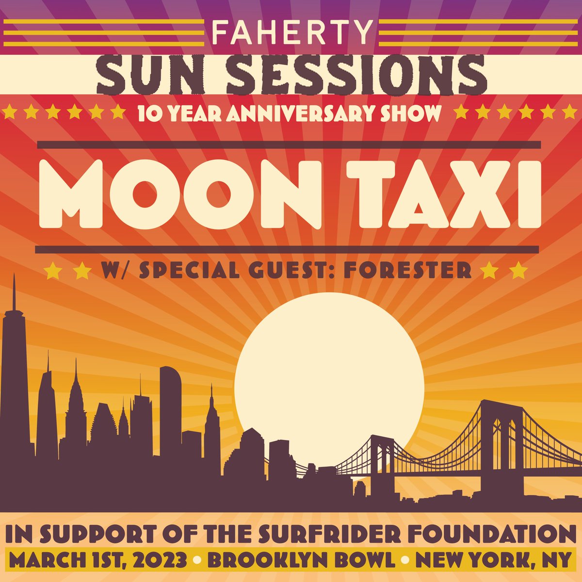 Last call to get your tickets for Faherty’s 10-Year Anniversary event at the <a href="/brooklynbowl/">Brooklyn Bowl</a> on 3/1! Featuring a special Sun Sessions show with <a href="/MoonTaxi/">Moon Taxi</a> &amp; <a href="/forestermusic/">Forester</a>. A portion of proceeds will be donated to Surfrider. Secure your tickets today: ticketweb.com/event/moon-tax…