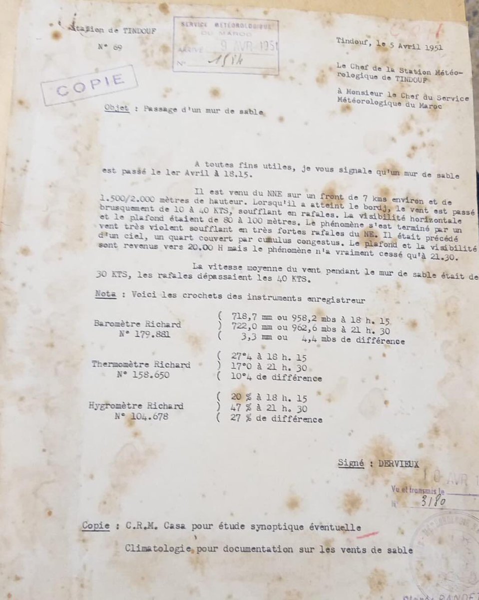 oufkir_mohammed's tweet image. مراسلة من تيندوف بتاريخ 5 أبريل 1951 من مندوب محطة الارصاد الجوية في تيندوف الى مديره رئيس مصلحة الأرصاد الجوية المغربية يخبره بمرور زوبعة رملية

#الصحراء_مغربية_شرقية_و_غربية