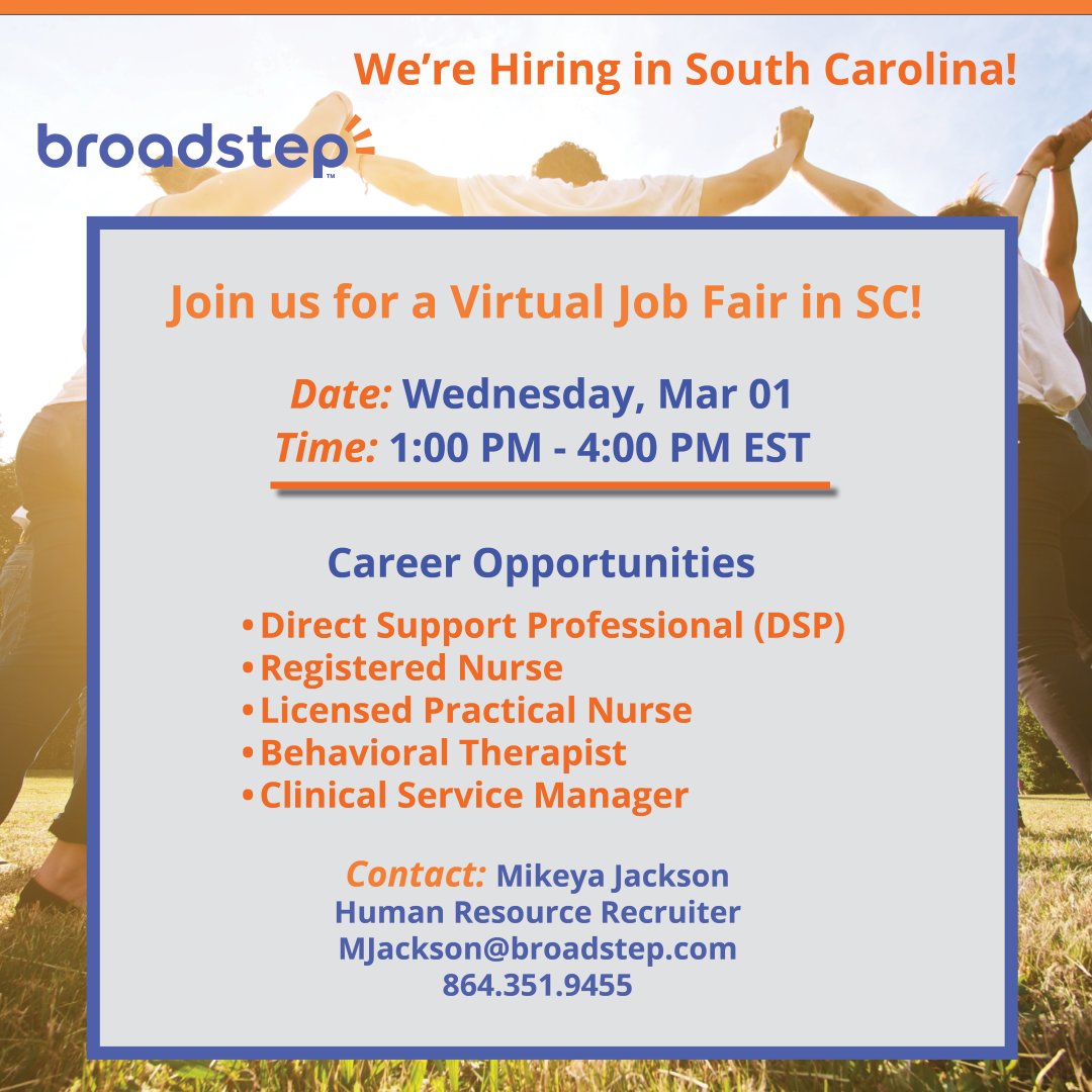 Broadstep1's tweet photo. Join our @Broadstep South Carolina Virtual Job Fair on February Wednesday, Mar 01 at 1:00 PM - 4:00 PM EST. 
Register here: https://t.co/CZsYoFw66r
Apply here: https://t.co/hkyora75qF
Email questions to: mjackson@broadstep.com

#hiringnow #careersinhealthcare https://t.co/0Zg09eD7Y4