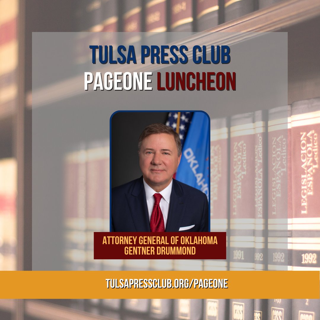 Join us on March 3rd for the PageOne luncheon with  <a href="/Okla_OAG/">Oklahoma Attorney General Gentner Drummond</a> Gentner Drummond. Tickets are on sale now: tulsapressclub.org/event-sponsors…
