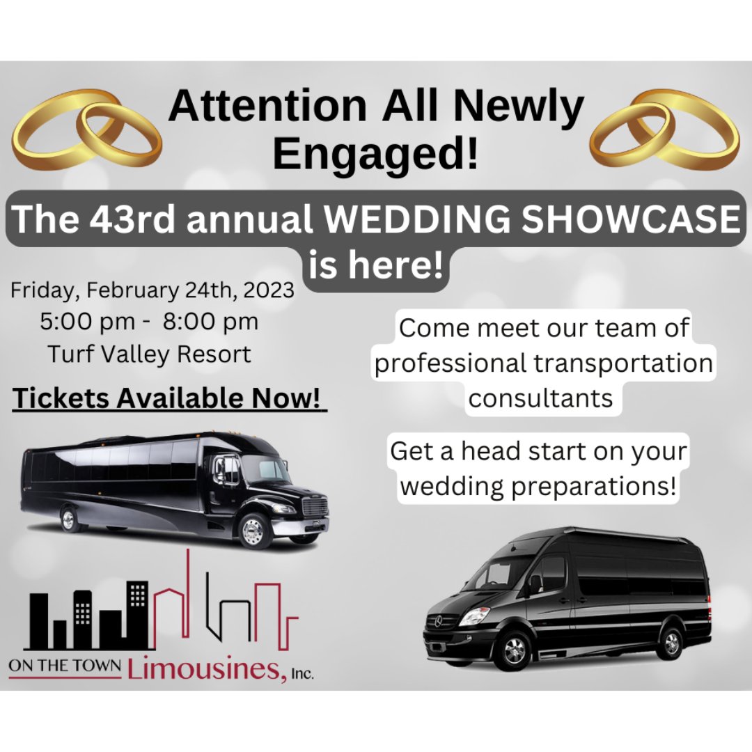 Come see us at the 43rd annual Wedding Showcase TOMORROW at the Turf Valley Resort 5:00 pm - 8:00 pm! See You There!
#weddingshowcase #events #wedding #transportation #limousine #limobus #shuttleservice #shuttle #weddingtransportation #stressrelief #weddingplanning #maryland #DC