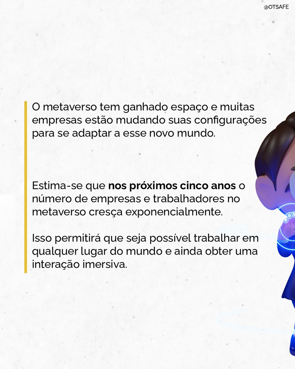 OTSafe's tweet photo. O metaverso está crescendo cada vez mais e as possibilidades são infinitas neste novo mundo digital. Como a sua empresa vai se posicionar?

Fique por dentro do mundo cripto, siga as nossas redes sociais!

#otsafe #cryptocurrency #Bitcoin #technology #development #metaverse #work https://t.co/P0agbs83JT